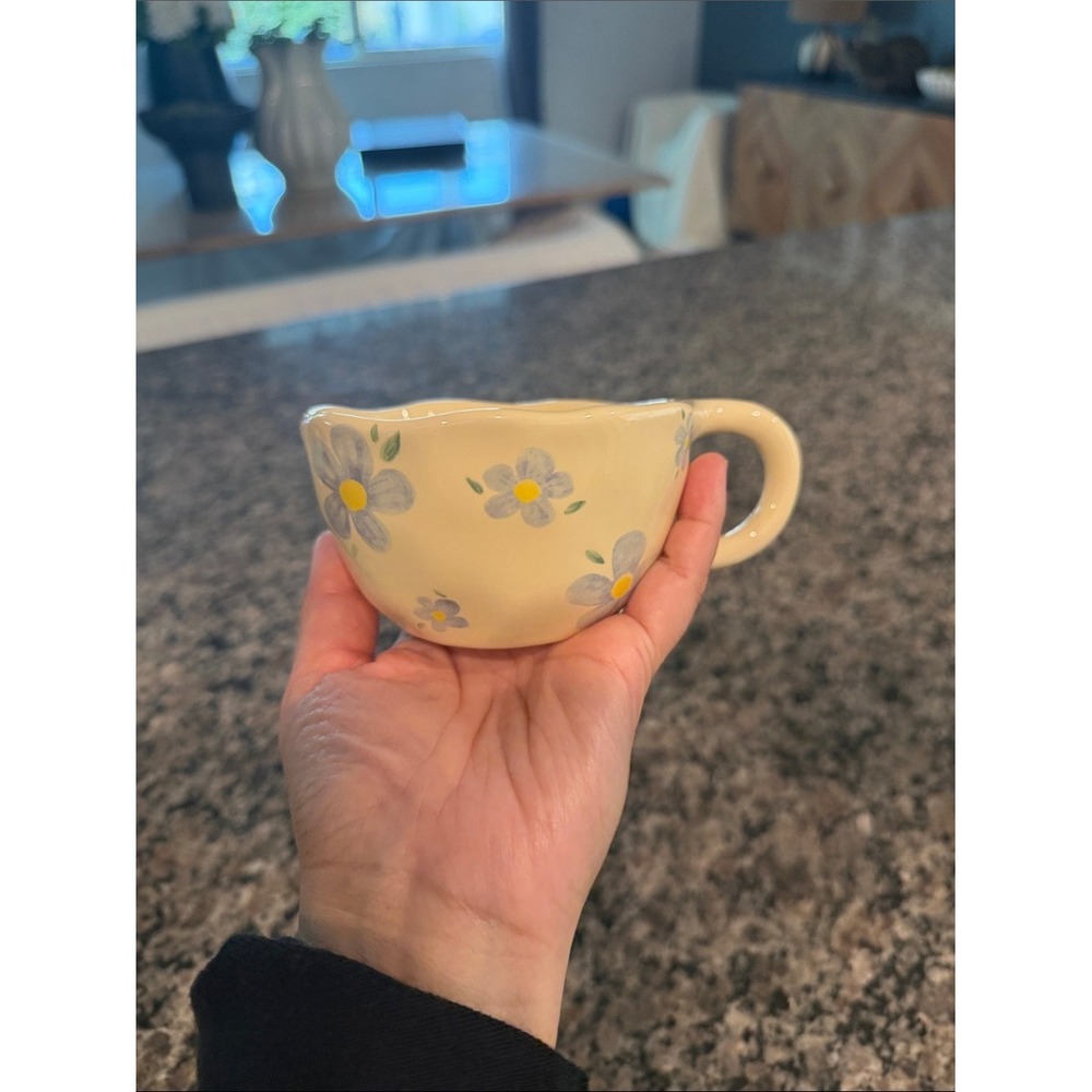 Hand-Painted Floral Ceramic Espresso Mug in Cream with Blue Flowers NWOT